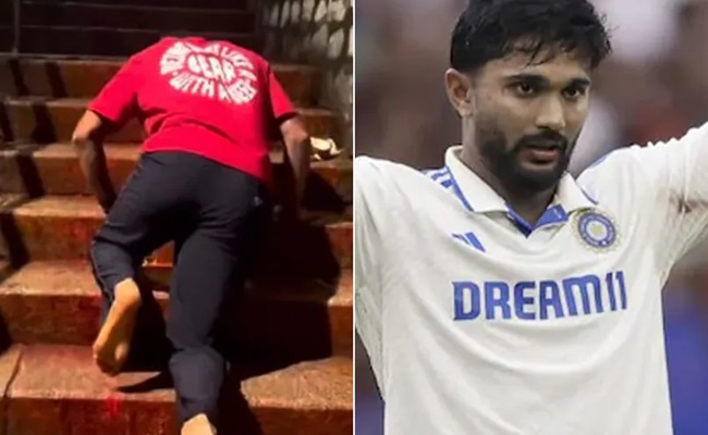 Nitish Reddy climbs stairs on knees to reach Tirumala