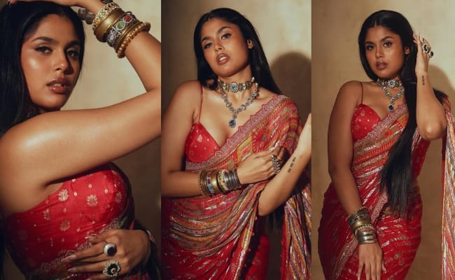 HOT: Tallest Actress' Sensuous Poses In Red Saree