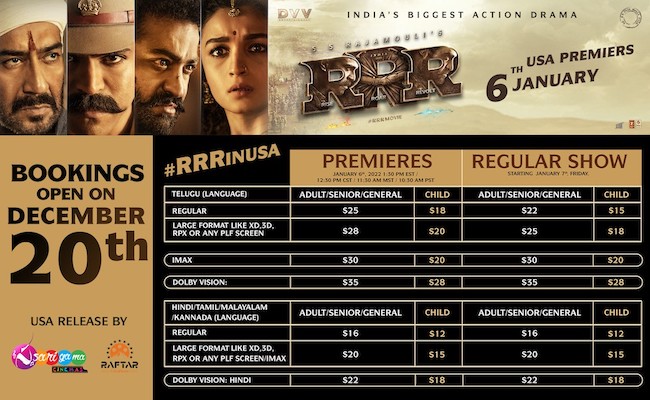 USA ticket booking for RRR opens on 20th Dec