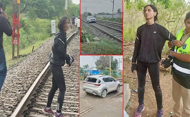 Woman drives car on railway track in Telangana