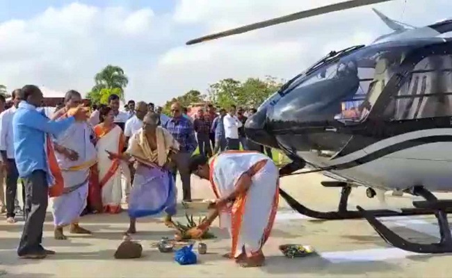 Telangana businessman takes chopper to temple for 'vahan puja'