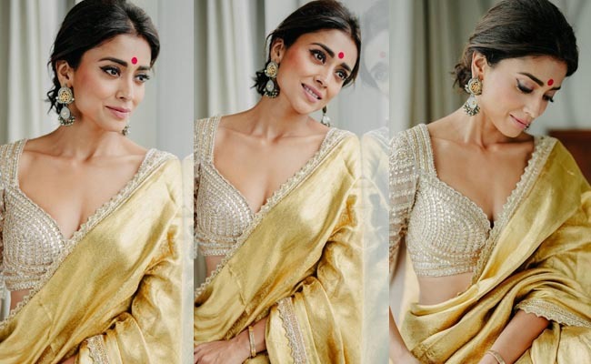 Pics: Shriya Shines In Shimmering Saree