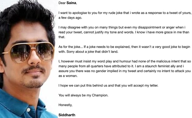 Siddharth apologises to Saina Nehwal for 'rude joke'