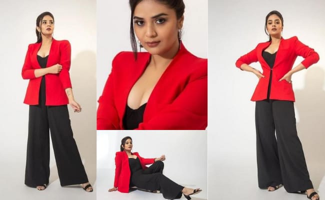 Pics: Sreemukhi Paints the Town Red in Outfit