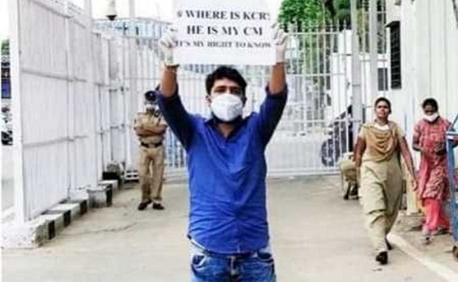 Where is KCR, reads placard as youth protests at CM's house