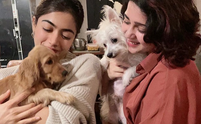 Rashmika and Charmee Pose With Their Adorable Pets