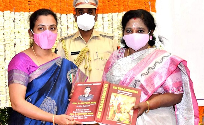 Telangana governor felicitates Col Santosh Babu's wife